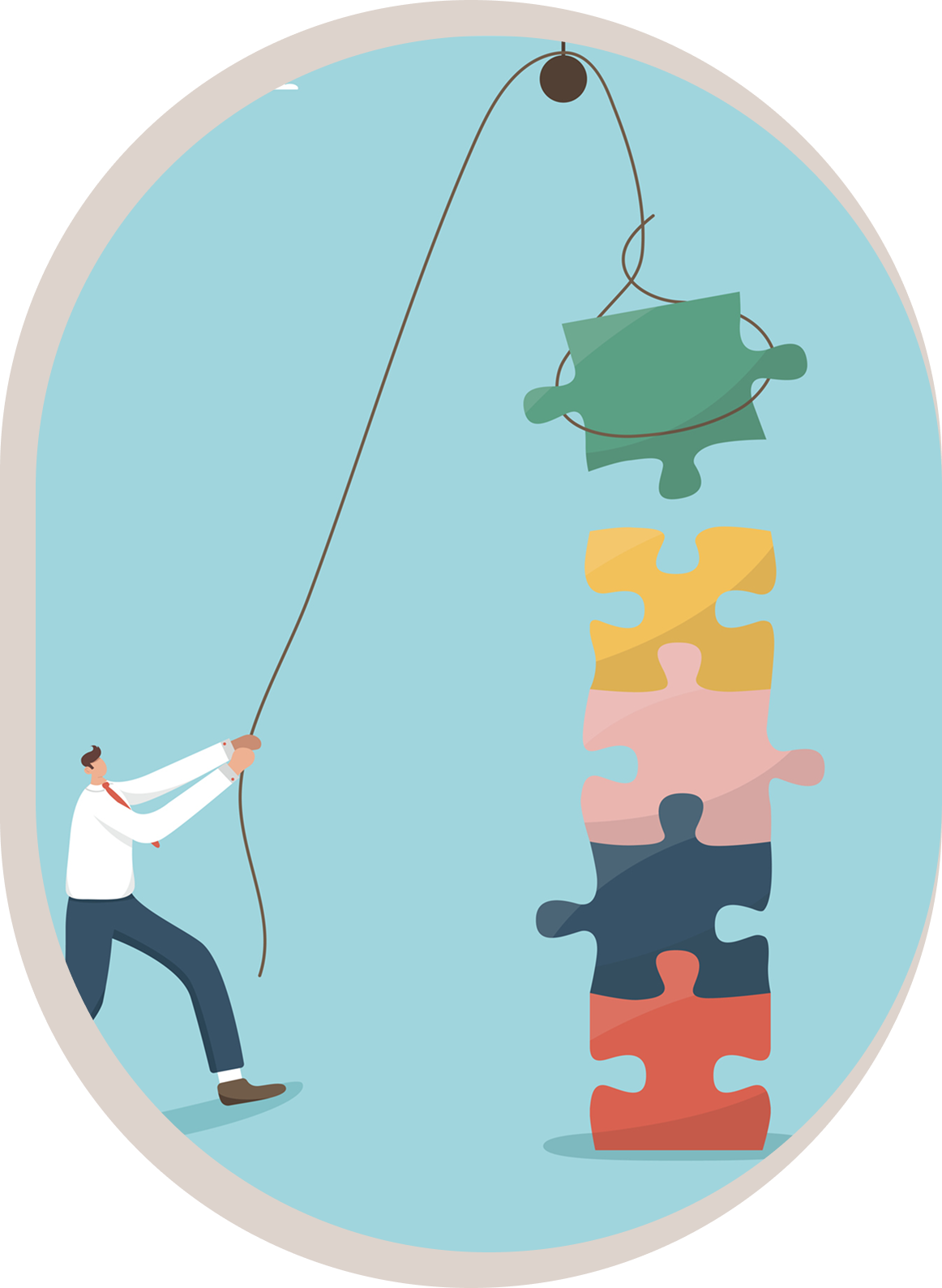 Businessman hoisting puzzle piece onto colorful stack