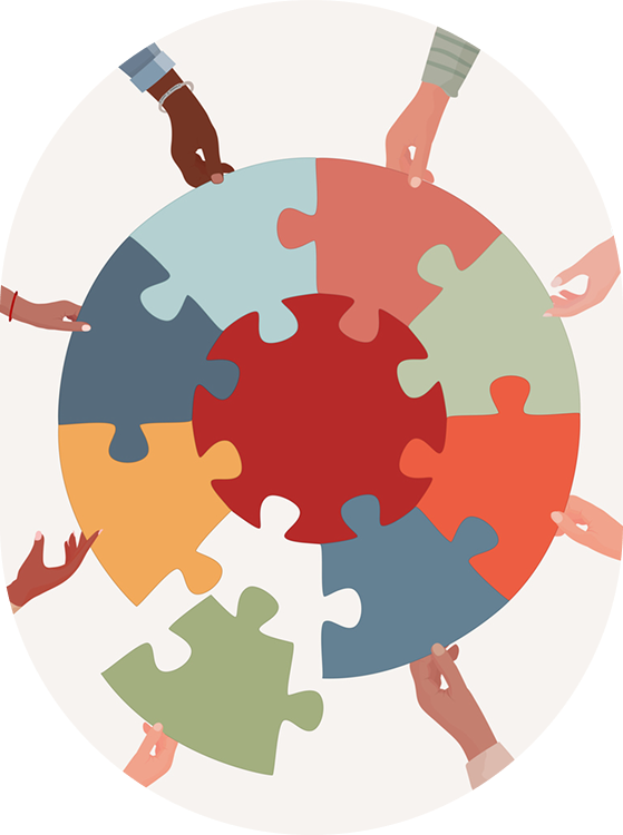 A circle of people holding hands and placing pieces together.